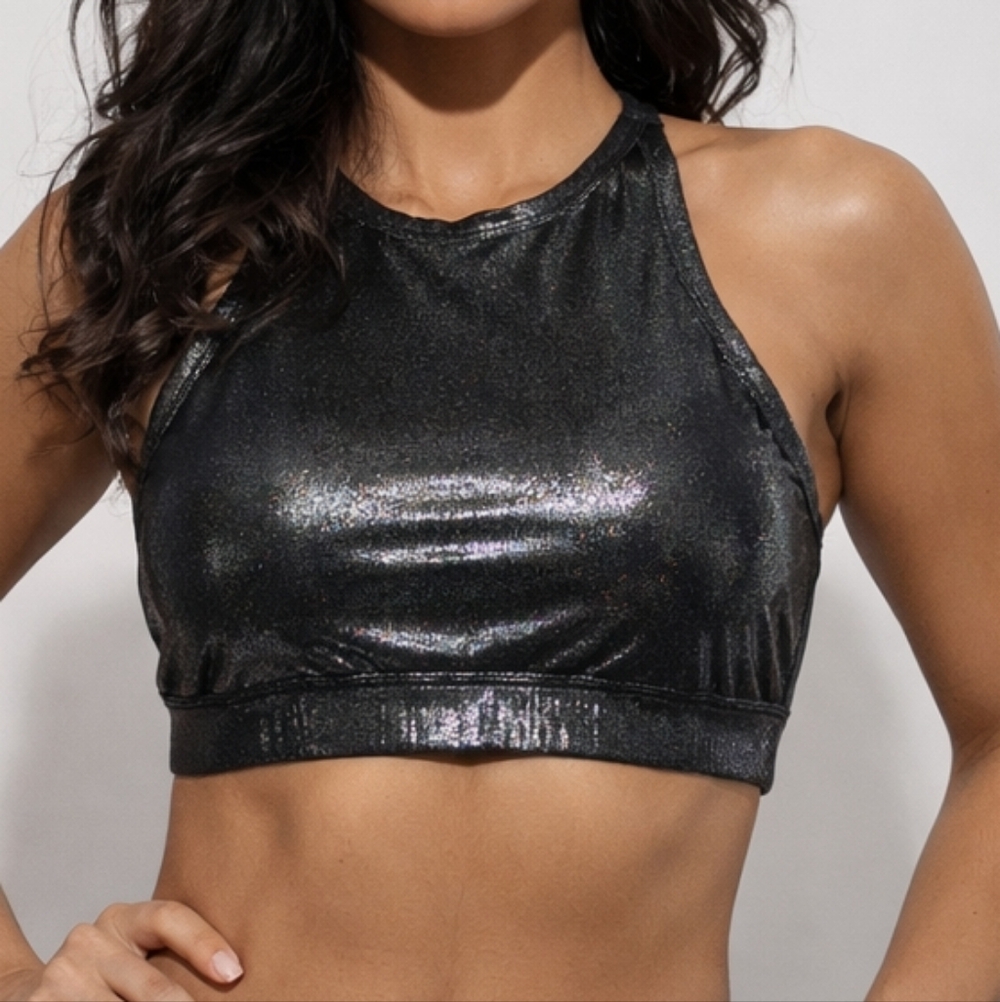 JoyLab Shiny Black Metallic High-Neck Crop Top - XXL